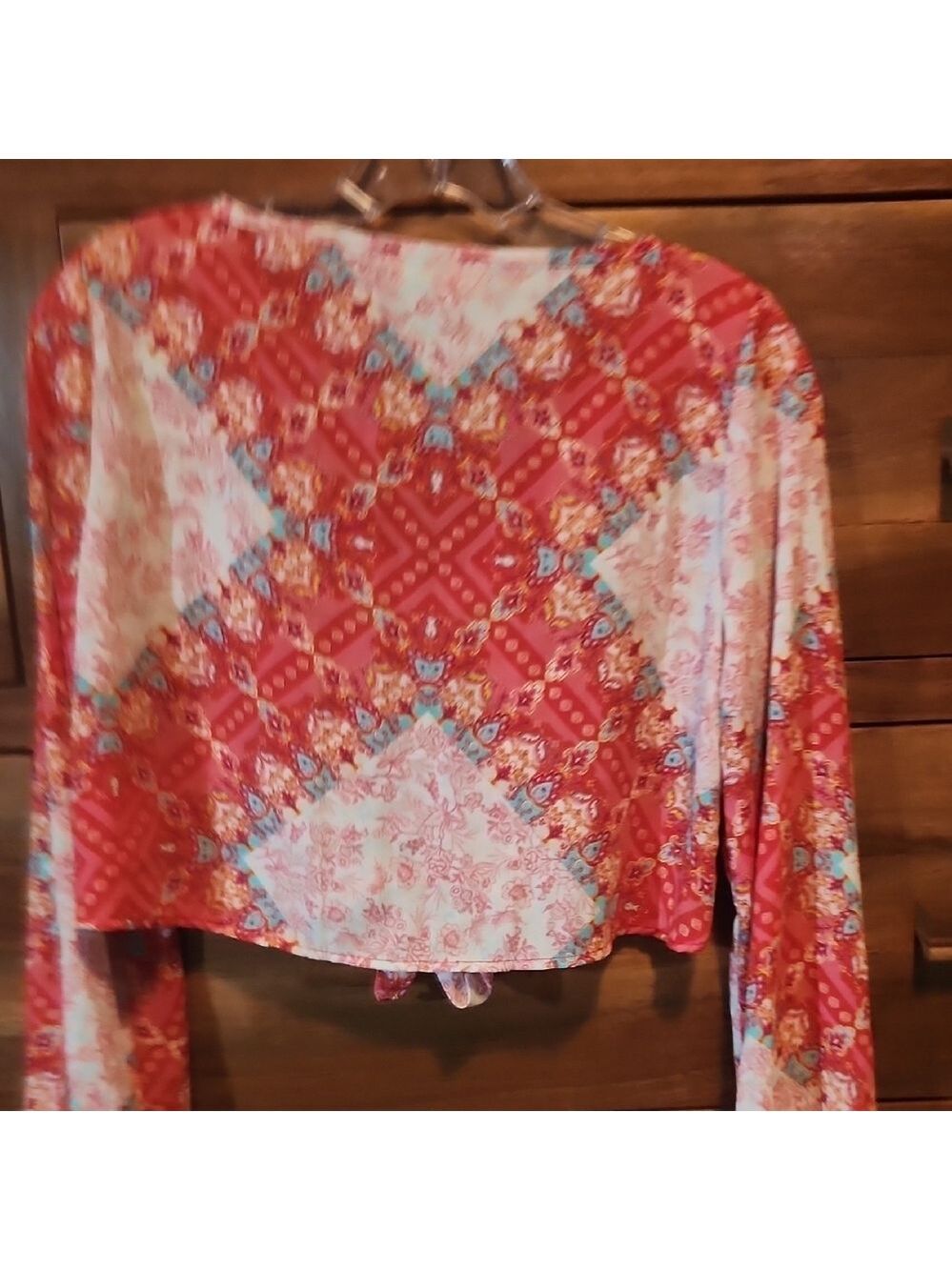 Altar'd State Pink and Orange Tie Front Crop Boho Flowy Spring Xs Blouse - Picture 6 of 6